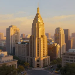 a beautifully ultradetailed painting of a city of art deco buildings, early evening, golden hour, artgerm and greg rutkowski, 4 k : 3, : - 1, dof : - 1, blur : - 1, unreal engine, trending on artstation