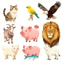 dog, cat, pig, bird, lion, eagle, fish, goat