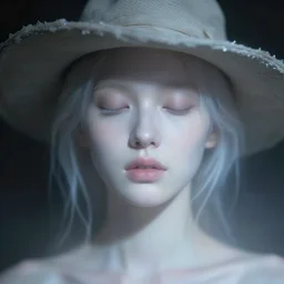 out of focus photorealistic portrait of a beautiful pale young woman by sarah moon, very blurry, translucent white skin, closed eyes, foggy, closeup, with a weird hat, no lipstick