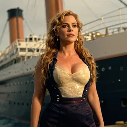 movie still of a sofia vergara with a very big sweaty bust standing on the front of the titanic, titanic ship exterior, directed by Quintin Tarantino