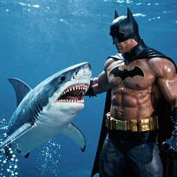 dwayne johnson as batman fighting a shark in'jaws'( 1 9 7 5 )