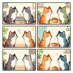 a colorful comic in 4 panels of cats talking to one another in the kitchen