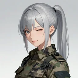 girl, silver hair (ponytail), (winking), multicam (camo), trending on artstation, detailed, cinematic portrait, ilustration by Takehiko Inoue