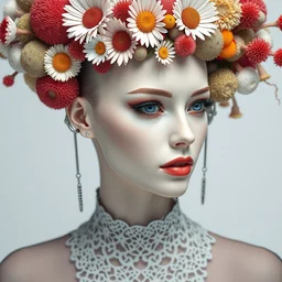 stunning biomechanical beautiful woman portrait with a smooth porcelain ivory profile face, futuristic haute couture, iris van herpin, headdress made of daisies, sponge corals, mushrooms, colorful puffballs, red rhizomorphs, cyberpunk metallic brackets, laser cut paper lace collar, octane highly render, 8 k, rim light