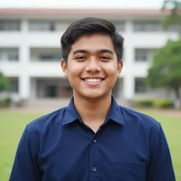 young filipino man, smiling, portrait mode photo, dark blue collared shirt, university in background