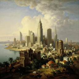 a planetary sci-fi city of Mumbai by Canaletto, oil and canvas, masterpiece