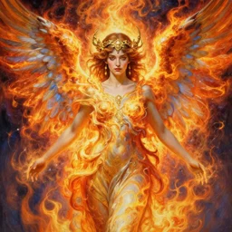 an intricate painting of a beautiful angel with fire wings surrounded by energy, hyper detailed, ornamental gold headpiece, octane render, vivid colors, artstation, by jeremy mann, by alphonse mucha, by boris vallejo