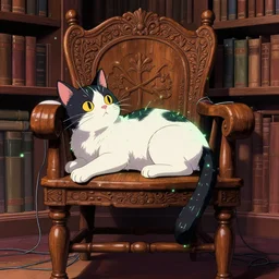 single anime cat laying on a wood carved chair, library, super powers, retrowave, concept art, glowing tiny green lines, by greg rutkowski, overdetailed art, so many wires, complementing colors