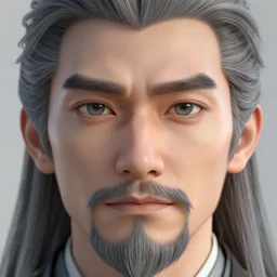 face closeup covered with 4 0 year old man, serious medium smile, medium sized eyebrows, gren grey eyes, pale skin, grey beard, long grey hair, symmetric face, 3 d render, hyper - realistic detailed portrait, ruan jia, wlop