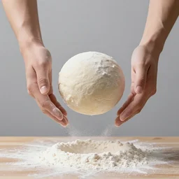 a studio photograph of a dough ball hovering in the air between two hands above a bench, flour dust flying, live fire in the background, backlit scene, dramatic lighting, high contrast, vibrant colors, sony alpha a6400