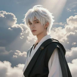 a portrait of a young handsome prince, white hair, fringy bangs, white shirt and black tunic, smooth, epic clouds, beautiful landscape, backlit, incredible lighting, strong rim light, highly detailed, god rays, digital painting, HDRI, by Heise Jinyao, Heise-Lian Yan Fang, Feimo, Richard Taddei, vivid colors, high contrast, 8k resolution, intricate, photorealistic