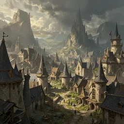 utopic medieval fantasy town by ralph horsley, rossdraws, matte painting, stylized background, cinematic lighting, maya, pixar, unreal engine, artstation