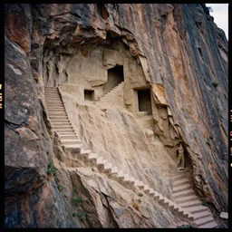 kodak portra 4 0 0, photographic and realistic epic vast staircase carved into rock cliff side, photorealistic, hyper detailed, 8 k, movie still, artstation, unreal engine,