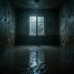 a flooded room with water, dark, uncanny, morbid