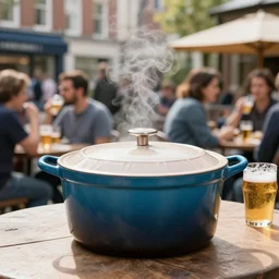a dutch oven the size of a city with people drinking outside it in a beer garden