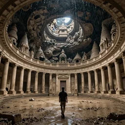 pov one man walking in a giant ancient ballroom neoclassical buildings, troglodyte temples in a deep spiral, high quality, mud, rain, by night, by medieval style