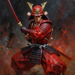 the red samurai!!! a highly detailed cinematic oil painting by roger dean and alena aenami, dynamic lighting