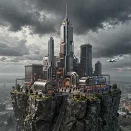 realistic photograph of super future cyber industrial city on the high cliff ， volumetric lighting, rain, god's ray, soviet, detailed characters, summer, dark overcast weather, high detailed, smooth, mark arian, award winning, highly detailed 4 k art by beeple and fvckrender and visualdon, trending on cgsociety