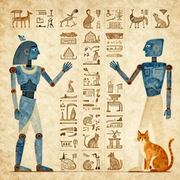 maya hieroglyphs with robots and cats