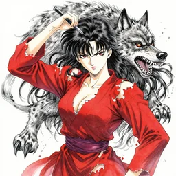 portrait of a beautiful woman transforming into a terrible werewolf, torn red clothes, pen and ink, intricate line drawings, by Yoshitaka Amano, Ruan Jia, Kentaro Miura, Artgerm, watercolor
