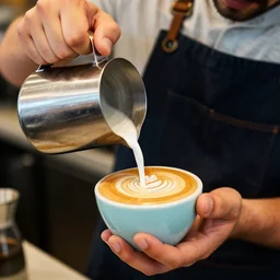 a closeup photorealistic photograph of a barista, pouring latte art. film still, vibrant colors. this 4 k hd image is trending on artstation, featured on behance, well - rendered, extra crisp, features intricate detail, epic composition and the style of unreal engine.