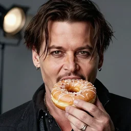 portrait of johhny depp eating a donut,photorealiatic,hyperdetailed,hyperrealistic,studio lighting,studio photography,professional photography,professional lighting,detailed face,3 point lighting,4k,digital art,ultra realistic,ultra detailed,art by greg rutkowski