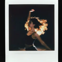 blured dancing girl on night vision, focused background night sky with stars, polaroid photo