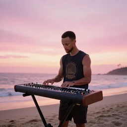 music gear advertisement, of steph curry playing a huge modular synthesizer on the beach during a beautiful pink sunset, peaceful mood
