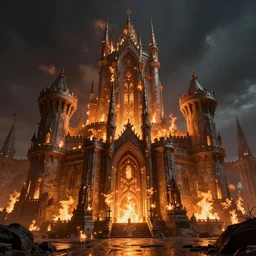 a scifi castle on fire, exquisite, volumetric lighting, 8 k octane beautifully detailed render, post - processing, extremely hyper - detailed, intricate, epic composition, cinematic lighting, masterpiece, trending on artstation, stunning art by caravaggio, by simonetti, beautiful cinematic light