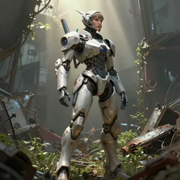 an intricate concept painting of a mecha woman standing in a junkyard undergrowth, style ivan talavera and artgerm, radiant lighting, hyper realistic, photorealisitc, octane render, artstation, cgsociety, feng zhu, cinematic light, 3 / 4 body shot, sci - fi