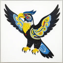 Haida Native Eagle Painting, Blue Yellow Black and Red, White Canvas Background
