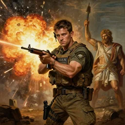 colin farrell as a special operations member, explosions, active shooters, in the style of greek mythology, oil reinassance painting by cornelis van poelenburgh and dosso dossi, ultra detailed, concept art, 8 k what