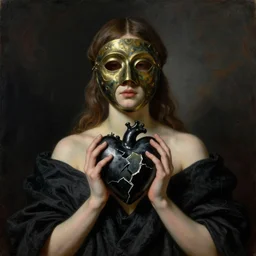 Realistic painting of beautiful woman in bronze mask who holds a black heart in her hands, broken into pieces mask like mirror, black cloth, baroque folds on background, the long shot, dramatic lighting, high-detailed oil painting by Ilya Repin, William Blake, Michelangelo da Caravaggio and Beksinski, masterpiece, 4k
