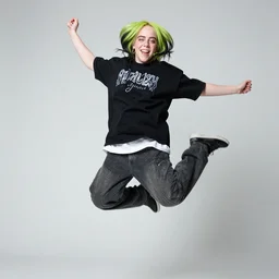 paparazzi photo of Billie Eilish jumping for no reason, highly detailed detailed detailed faces