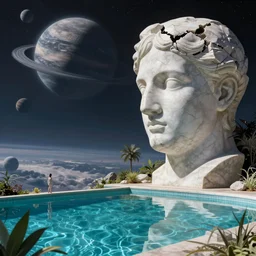 David Ligare masterpiece, scifi nightscape, planets, hyperrealistic surrealism, award winning masterpiece with incredible details, epic stunning, infinity pool, a surreal vaporwave liminal space, highly detailed, trending on ArtStation, broken giant marble head statue ruins, calming, meditative