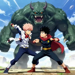 A superhero from my hero academia fighting a huge monster , in an anime style