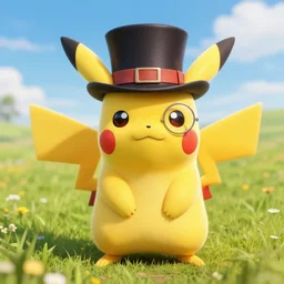 hyper realistic Pikachu wearing a top hat and monocle  in a beautiful field on a sunny day