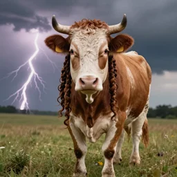 real life photo of a beautiful Cow, full body photoshoot, long braided curly brown hair, twisted braids, brown watery eyes, full round face, short smile, short horns, serene field setting, cinematic lightning, medium shot, mid-shot, highly detailed, trending on artstation, Unreal Engine 4k, 80mm, 85mm, cinematic wallpaper