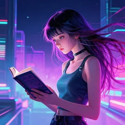 a girl reading a book, her hair flowing down, cyberpunk art by by james gilleard, cgsociety, retrofuturism, synthwave, retrowave, outrun