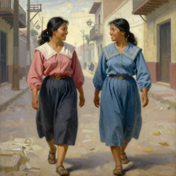 two filipino women on the street chatting while walking, painting by felix resurreccion hidalgo