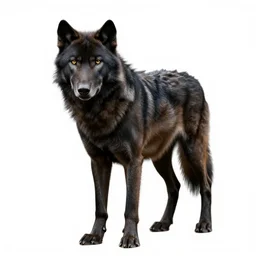 melanistic wolf, high detail photograph, full body, isolated on a pure white background, centered, entire subject in frame, sharp focus, soft studio lighting
