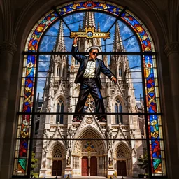 stained glass window of Tony soprano being martyred on the front of a beautiful cathedral