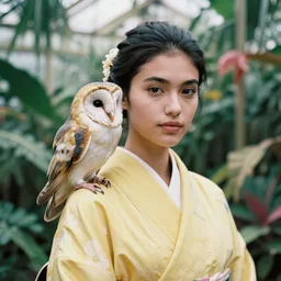 head to shoulder portrait film photograph of an elegant top model wearing a yellow kimono with a very detailed barn owl on her shoulder!!! in a tropical greenhouse. looking at the camera!!. super resolution. 85 mm f1.8 lens.bokeh. graflex. by Alessio albi !