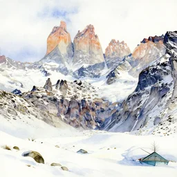 Torres del paine in winter, highly detailed watercolor painting