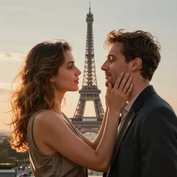 a woman slaps a man on the cheek, effeil tower in the background