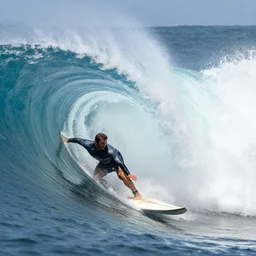 close up side view of a surfer riding inside the tube of a very large wave that's about to collapse. highly detailed, professional high quality 4 k, action shot, dramatic lighting