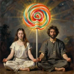 portrait of man and woman in zen meditation, with giant lollipop. painting by georges de la tour
