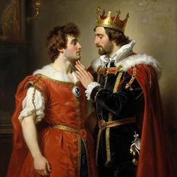 attractive fully clothed king confesses his love for his attractive fully clothed male prince. highly detailed painting by gaston bussiere, tom bagshaw, j. c. leyendecker