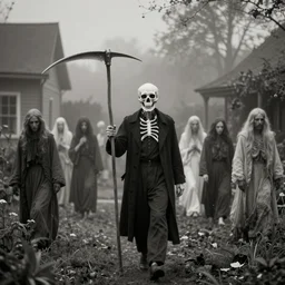 death with a scythe on his shoulder walking surrounded by wandering souls, a house garden, night, fog, 1 9 0 0's photo
