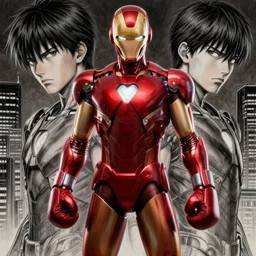 full body highly - detailed rockman ironman by takeshi obata and yusuke murata, colored by udon comics, trending artstation and cgsociety, beautiful face, volumetric lighting, rule of thirds, unreal engine, centered subject, octane render, pencil and ink, city in the background, dark colors, intricate details, sharp face, boxing gloves